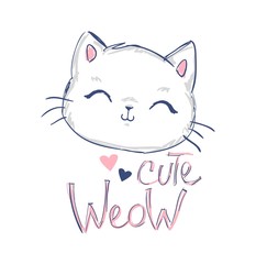 Hand Drawn Cute cat with phrase lovely cute weow vector illustration. Children's design poster.