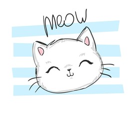 Hand Drawn Cute cat with phrase lovely cute weow vector illustration. Children's design poster.