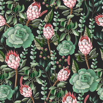 Seamless pattern with leaves, protea flowers, succulent and eucalyptus.
