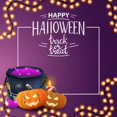 Happy Halloween, trick or treat, square greeting postcard with witch's pot and pumpkin Jack