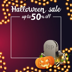 Halloween sale, up to 50% off, square pink discount banners with place for your text, tombstone and pumpkin Jack