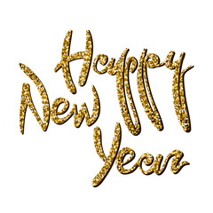 Hand drawn typography lettering phrase Happy New Year on the white background with gold sparkles. Hand drawn lettering gold phrase 