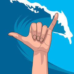 Hang Loose on the background of sea wave. Hand gesture, shaka. Shaka on sea wave background.  - 285814422