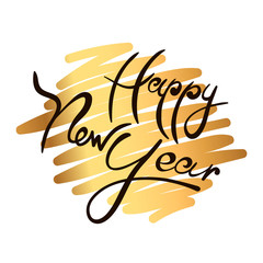 Hand drawn ink typography lettering phrase Happy New Year on the white background with gold brush strokes. Hand drawn lettering phrase 