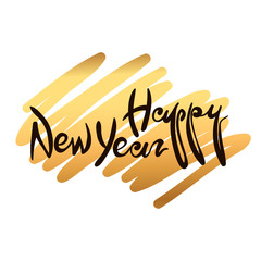 Hand drawn ink typography lettering phrase Happy New Year on the white background with gold brush strokes. Hand drawn lettering phrase 