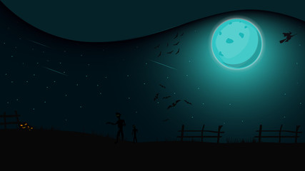 Halloween night, night landscape with full moon, witches and zombies