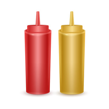 Set of Realistic bottles of ketchup and mustard, Bottles for Branding Isolated on White Background, Vector EPS 10 illustration