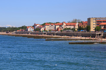 View of the sandy beach on the Baltic Sea coast in famous resort Zelenogradsk (formerly known as Cranz) in Kaliningrad region, Russia.