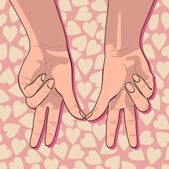 Valentine's day card with female hands showing a couple of lovers isolated on the pink background with hearts. Woman hand with fingers simulating couple in love. - 285815075