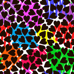 Pattern with small size hearts on brush strokes background. Pattern with black hearts on a multicolored background. Hearts pattern with brush strokes. - 285815206