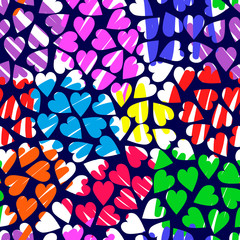 Pattern with heart shaped hole on brush strokes background. Pattern with multicolored hearts on a blue background. Hearts pattern with brush strokes.