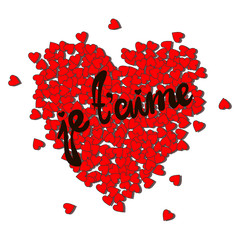 Valentine's day card with heart shaped confetti and typography lettering phrase je t'aime isolated on white background. Vector heart made from red confetti and Сalligraphy inscription 