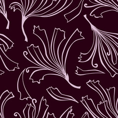Decorative seamless pattern with fantasy line flowers on dark red background. Floral ornament with drawn by a line flowers. Maqui background for fabric, wrapping, decoration.