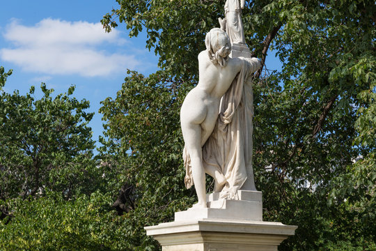 Marble sculpture Cassandra under the protection of Pallas (1877) by Aime Millet (1819-1891) in the Tuileries Park, Paris, France.