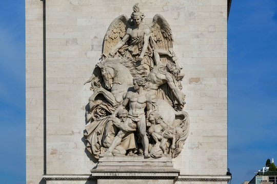 Sculptural group on the Triumphal Arch in Paris, France. La Resistance (1814) by Antoine Etex. Commemorates the French Resistance to the Allied Armies during the War of the Sixth Coalition.