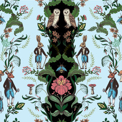 Fototapety  Bajkowy wzór graficzny z leśnych zwierząt i kwiatów.