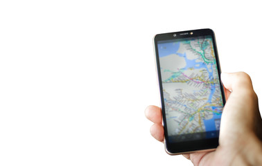 Closeup of hand using smartphone to find location on map. isolated on white