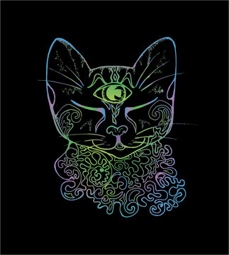 An illustration of a psychedelic cat. Neon drawing of a cat.