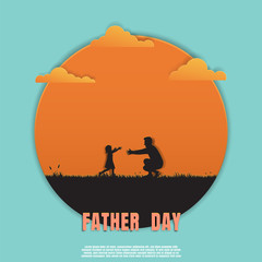 Silhouette father and daughter playing in meadow on sunset background