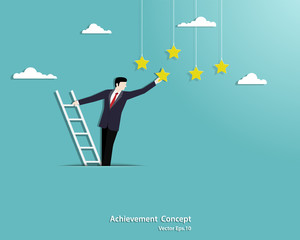 Businessman climbing a stair ladder on the clouds and reaching for the stars