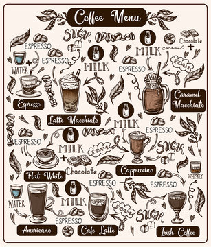 Coffee menu with different drinks. Vector. © Yumeee