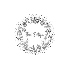 Hand Drawn Vector Floral Boutique Logo on Wreath. 