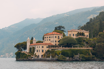 Fototapeta premium Villa Balbianello, Lake Como, Italy. View from boat outside.