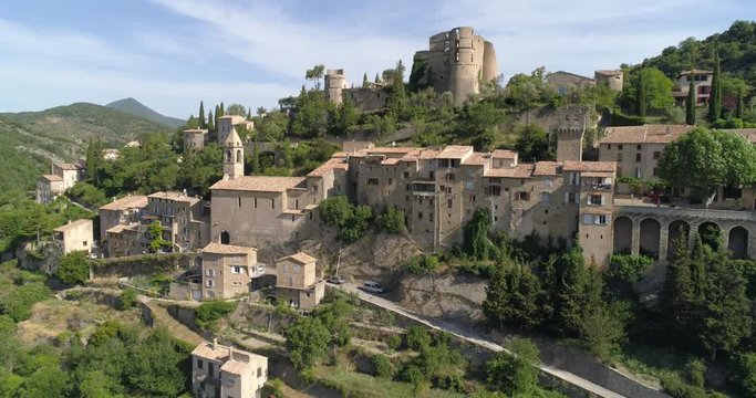 Montbrun-les-Bains aerial approach, Dr&ocirc;me, labelled Les Plus Beaux Villages de France
