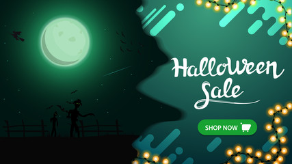 Fototapeta premium Halloween sale, modern green banner for web site with beautiful night landscape