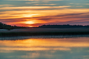 Obraz premium Evening sunlight on coast, pink clouds, blue sky reflection on water. Beach in summer. Seaside natural environment. Shore in Laelatu, small island in Estonia. Nature Reserve in North Europe