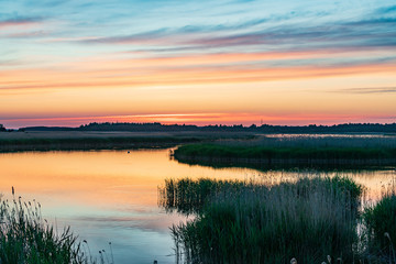 Fototapeta na wymiar Evening sunlight on coast, pink clouds, blue sky reflection on water. Beach in summer. Seaside natural environment. Shore in Laelatu, small island in Estonia. Nature Reserve in North Europe