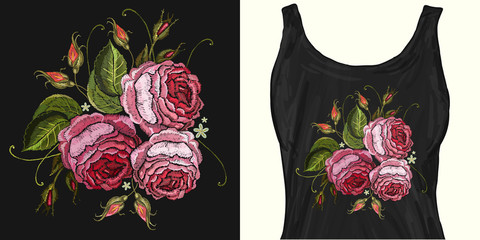 Embroidery. Beautiful pink roses classical on black background. Trendy apparel design. Template for fashionable clothes; textile; modern print for t-shirts
