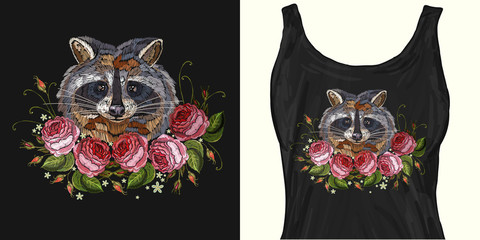 Raccoon head and roses embroidery. Trendy apparel design. Template for fashionable clothes, textile, modern print for t-shirts