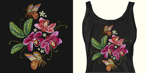 Tropical flowers and butterfly. Embroidery. Trendy apparel design. Template for fashionable clothes, textile, modern print for t-shirts