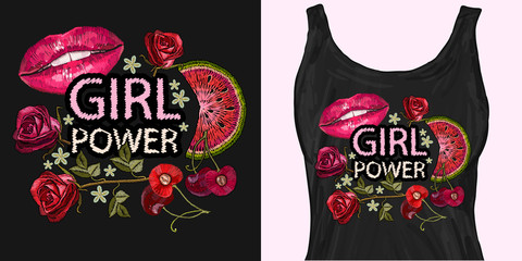 Embroidery, slogan girl power. Female lips, roses, cherry, Trendy apparel design. Template for fashionable clothes, textile, modern print
