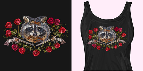 Embroidery raccoon, crossed guns and roses. Trendy apparel design. Template for fashionable clothes, textile, modern print for t-shirts