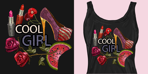 Embroidery, slogan cool girl. Women's shoes, roses and lipstick. Trendy apparel design. Template for fashionable clothes, textile, modern print for t-shirts