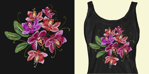 Tropical flowers orchids. Embroidery. Trendy apparel design. Template for fashionable clothes, textile, modern print for t-shirts