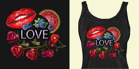 Embroidery lips, cherry, roses and watermelon slice. Cosmetics and makeup art. Love slogan. Trendy apparel design. Template for fashionable clothes, textile, modern print for t-shirts