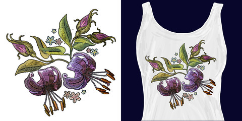 Embroidery tiger lillies. Trendy apparel design. Template for fashionable clothes, textile, modern print