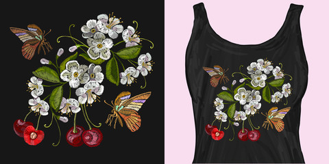 Embroidery cherry blossom tree and and butterfly. Trendy apparel design. Template for fashionable clothes, textile, modern print for t-shirts
