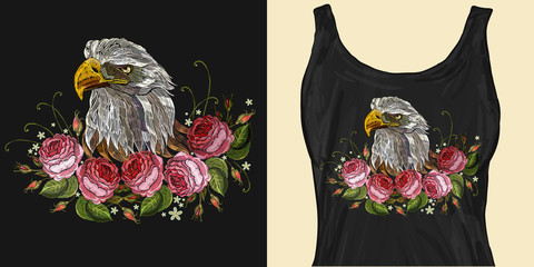 Embroidery head white eagle and roses. Trendy apparel design. Template for fashionable clothes, textile, modern print for t-shirts