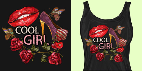 Embroidery, slogan cool girl. Female lips, cherry, butterfly, fashionable background. Trendy apparel design. Template for fashionable clothes, textile, modern print for t-shirts