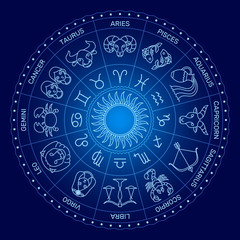 Zodiac symbol circle, minimal cartoon style, white line on dark background.