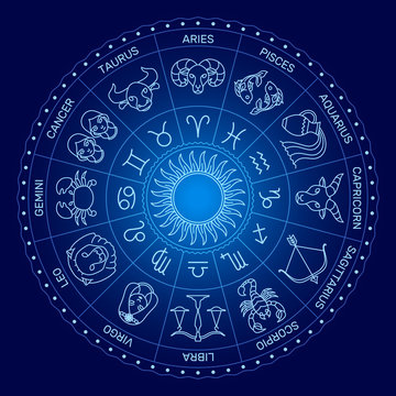 Zodiac symbol circle, minimal cartoon style, white line on dark background.
