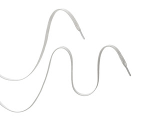 two long white textile shoelaces, isolated on white background - obrazy, fototapety, plakaty