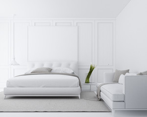 Modern luxury bedroom with white classic pattern wall and white furniture tone and frame artwork. 3d render