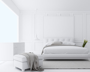 Modern luxury bedroom with white classic pattern wall and white furniture tone and frame artwork. 3d render