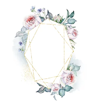 Watercolor Floral Frame. Roses Bouquets and floral elements. White and Pink  Roses. Floral illustrations. Gold Geometry Frame. Botanic composition for  wedding or greeting card or other project Stock Illustration | Adobe Stock