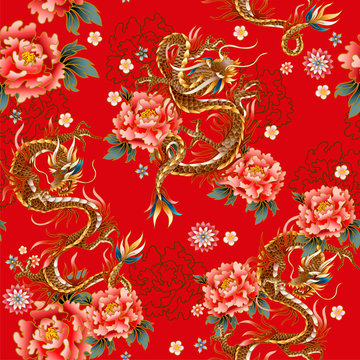 Seamless pattern with Chinese traditional dragon, peonies and sakura. vector.